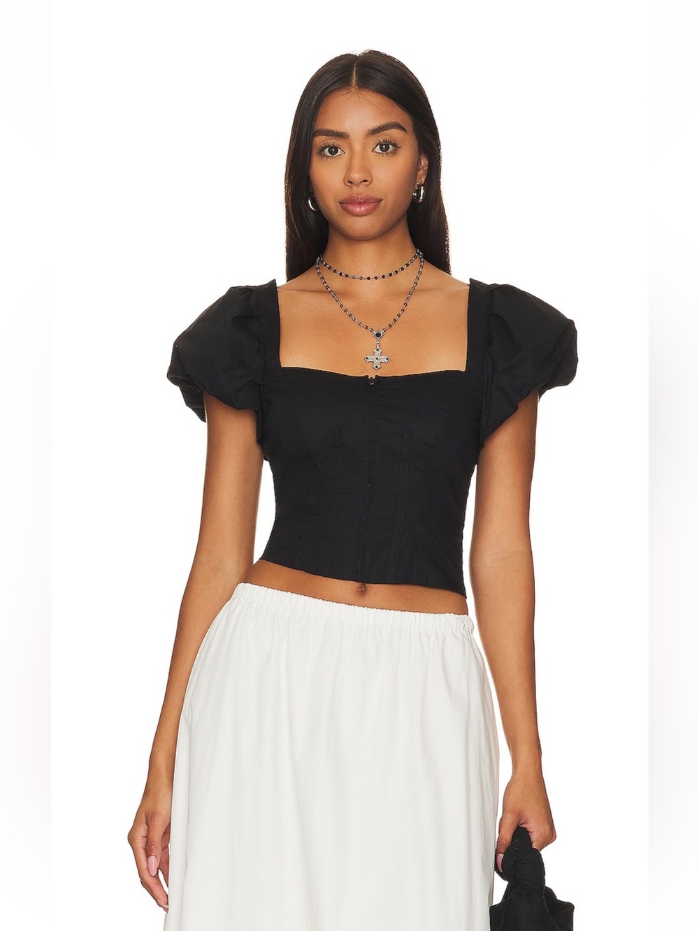 Tularosa Black Puff-Sleeve Corset Crop Top